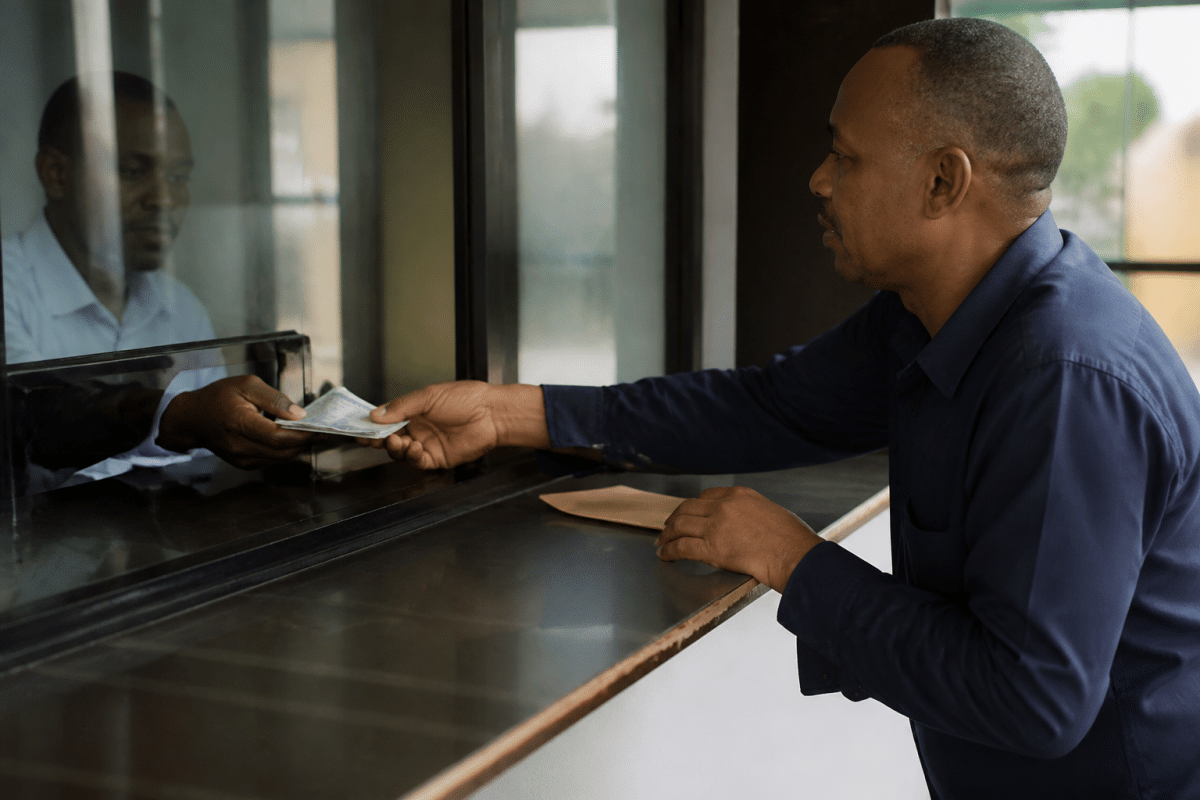 Client remettant des billets de banque au guichet d'une banque