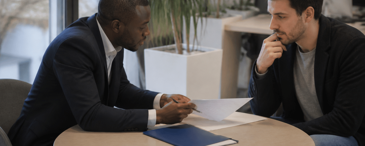 Conseiller bancaire montrant document de pret a client assis