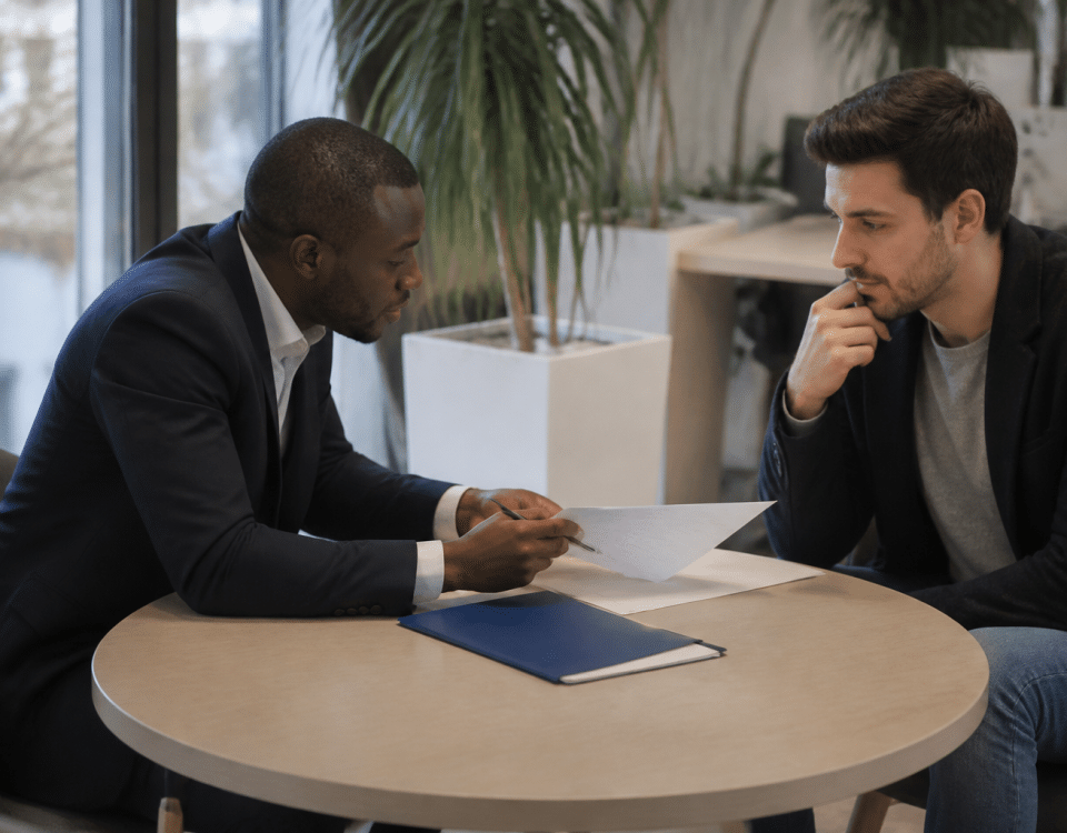 Conseiller bancaire montrant document de pret a client assis