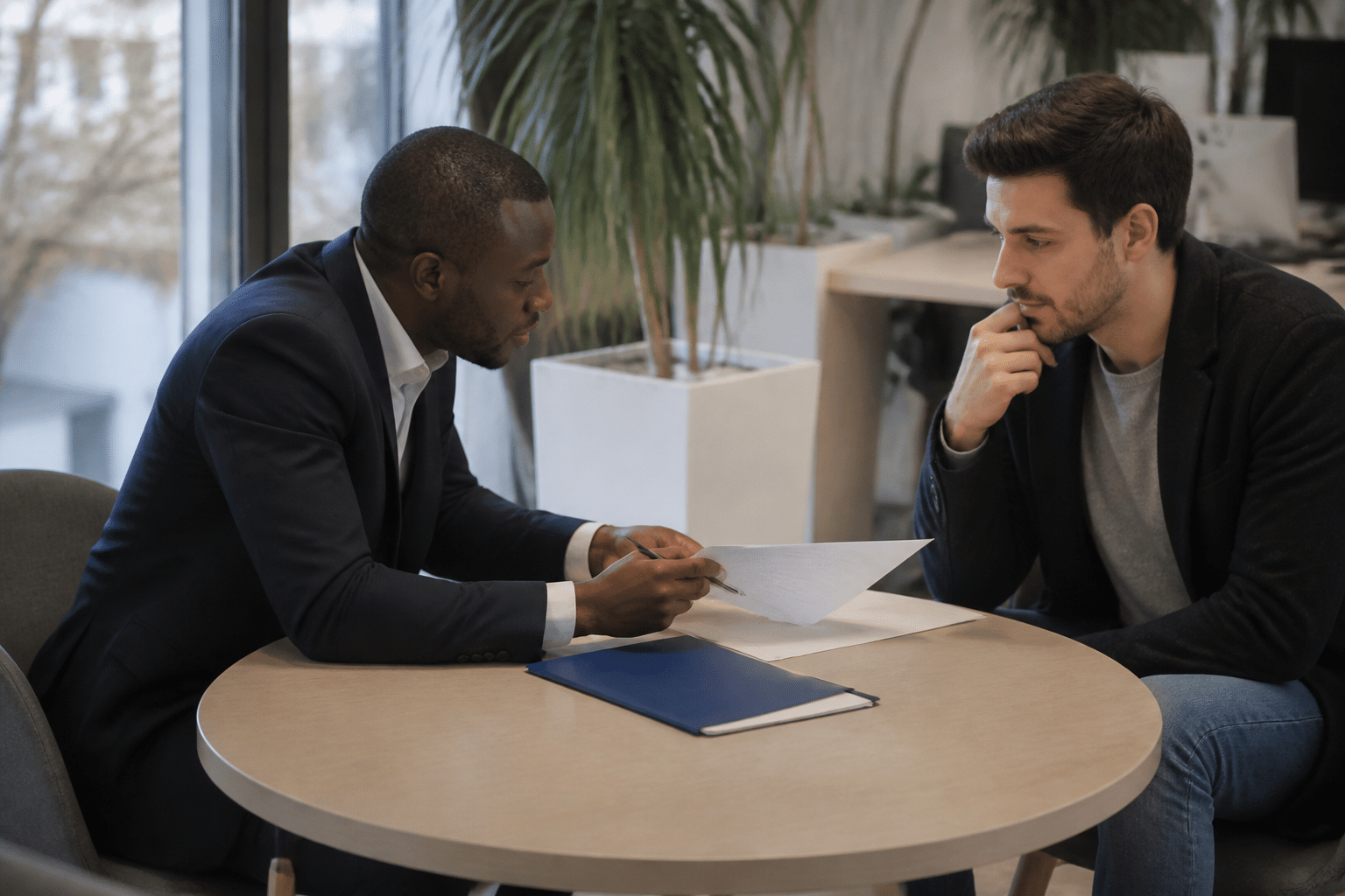 Conseiller bancaire montrant document de pret a client assis