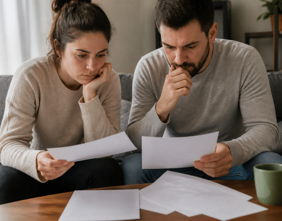 Couple assis examinant ensemble des documents financiers importants.
