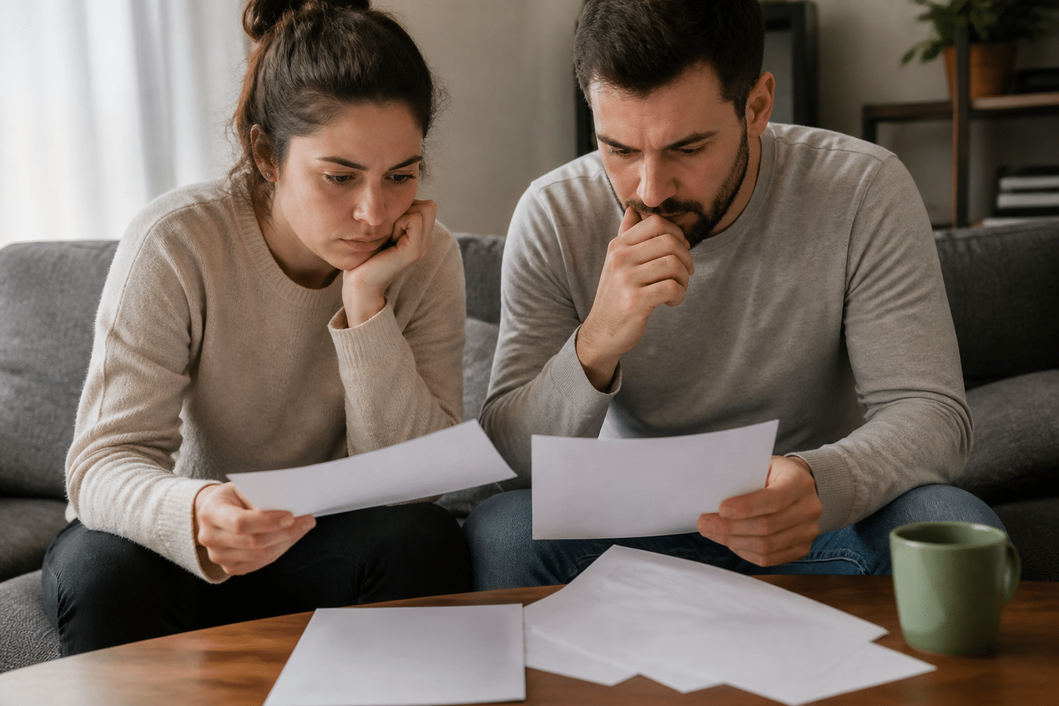 Couple assis examinant ensemble des documents financiers importants.