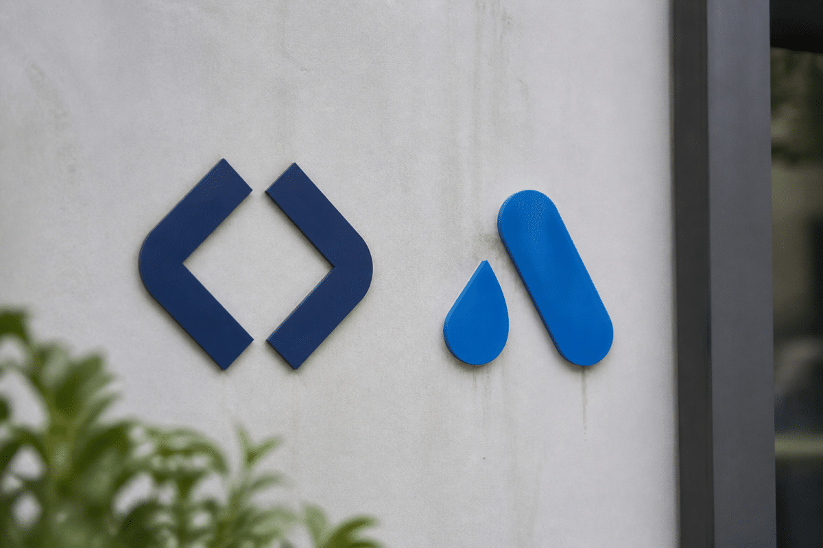 Deux logos d'entreprises bleus sur fond neutre.