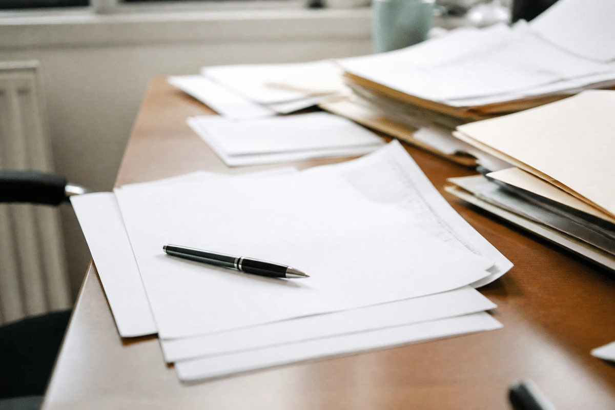 Documents administratifs étalés sur bureau avec stylo