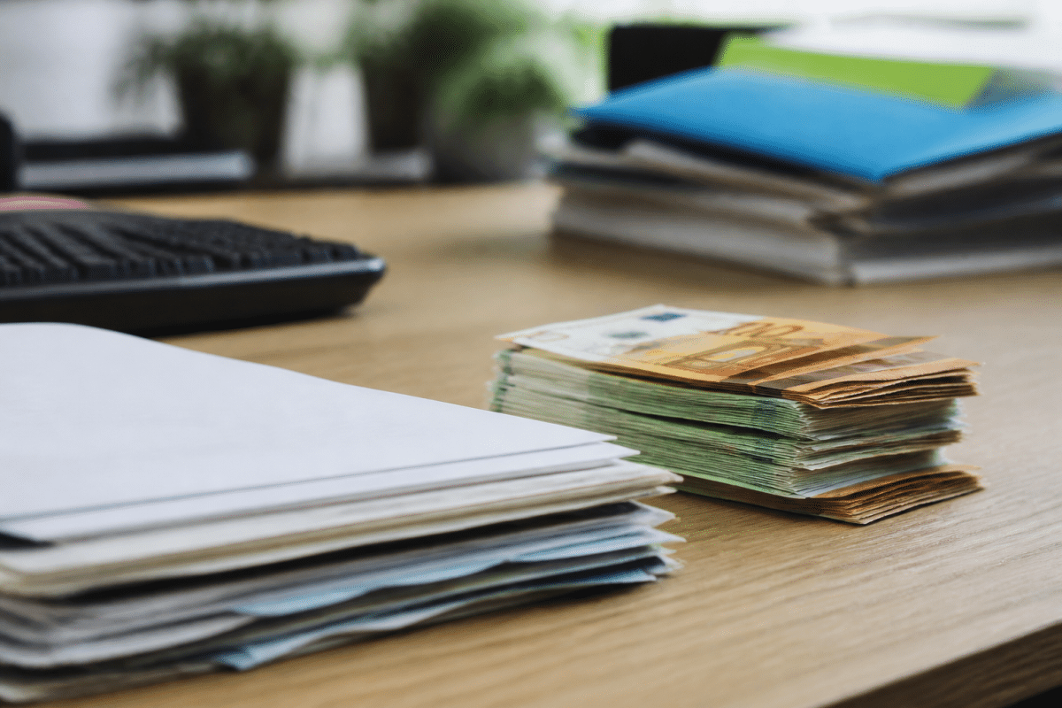 Documents financiers et billets d'euros empiles sur bureau