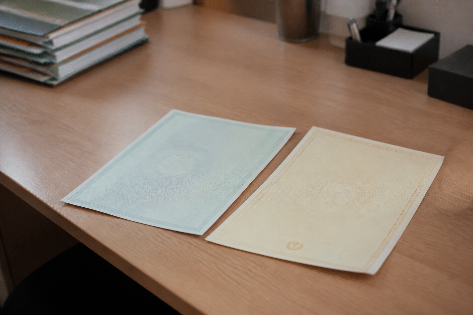 Deux documents officiels posés sur bureau administratif.