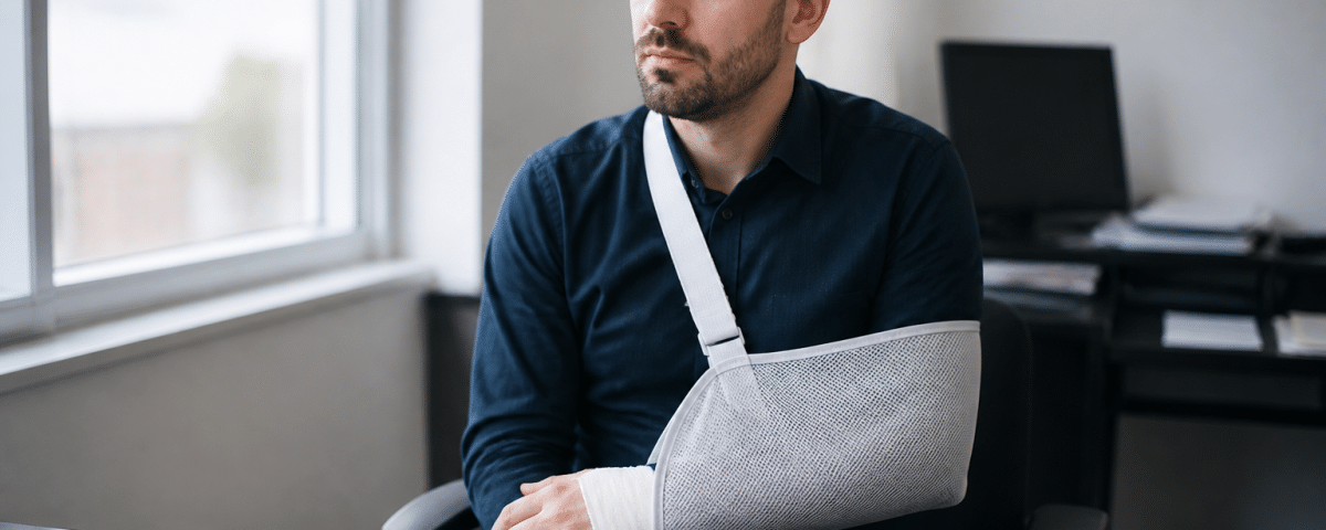 Employe assis au bureau, bras en echarpe, documents medicaux visibles.