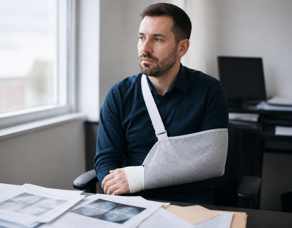 Employe assis au bureau, bras en echarpe, documents medicaux visibles.