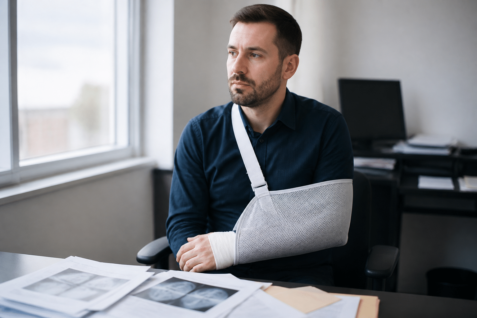 Employe assis au bureau, bras en echarpe, documents medicaux visibles.