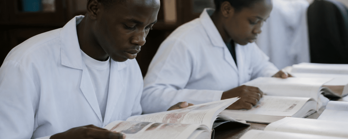 Etudiants en blouse blanche consultant des livres medicaux.