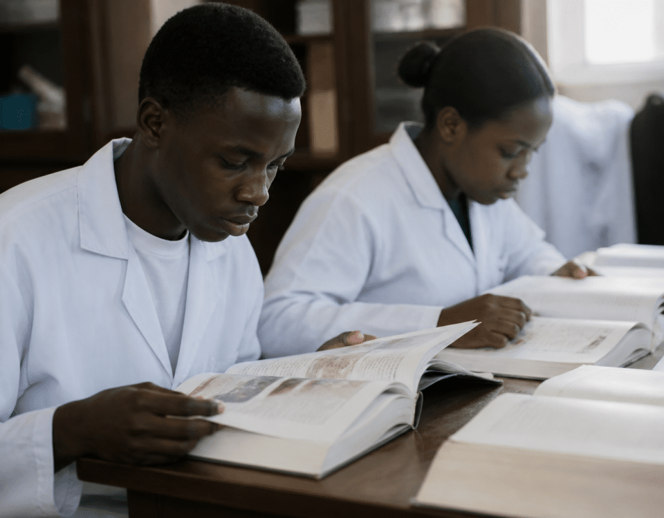 Etudiants en blouse blanche consultant des livres medicaux.