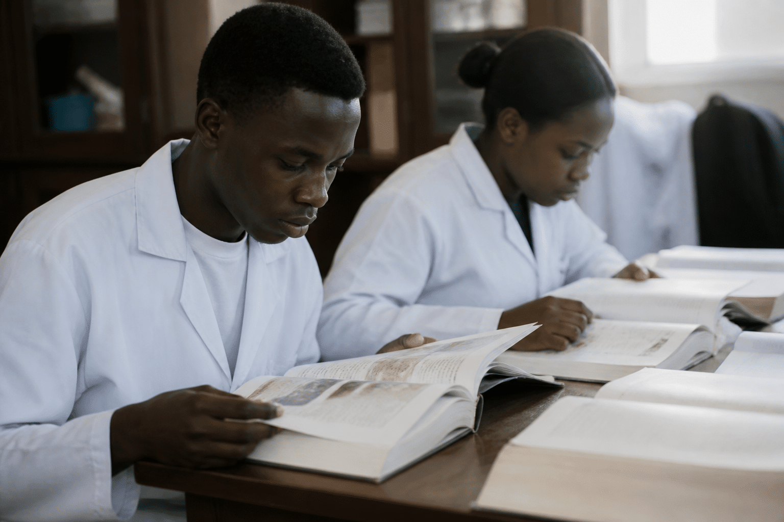 Etudiants en blouse blanche consultant des livres medicaux.