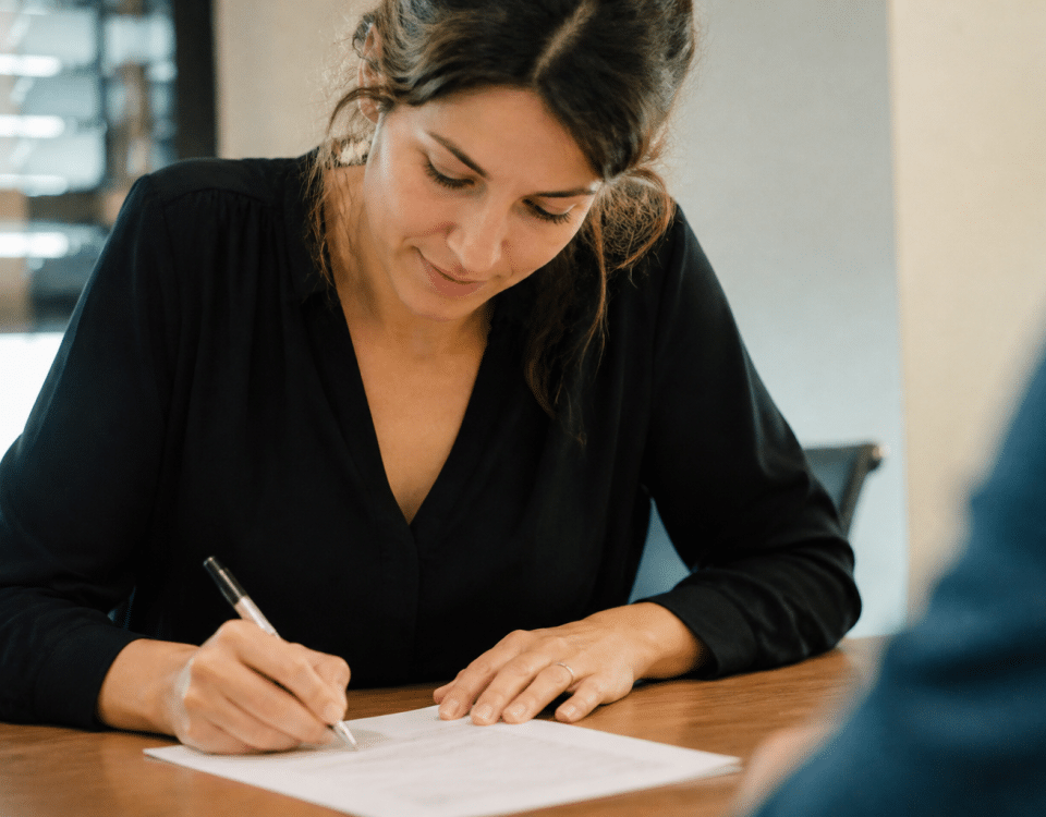 Femme assise signant contrat emploi permanent bureau