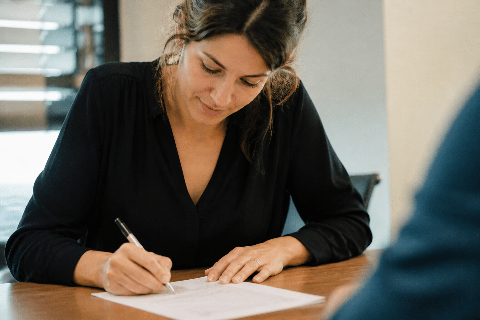 Femme assise signant contrat emploi permanent bureau