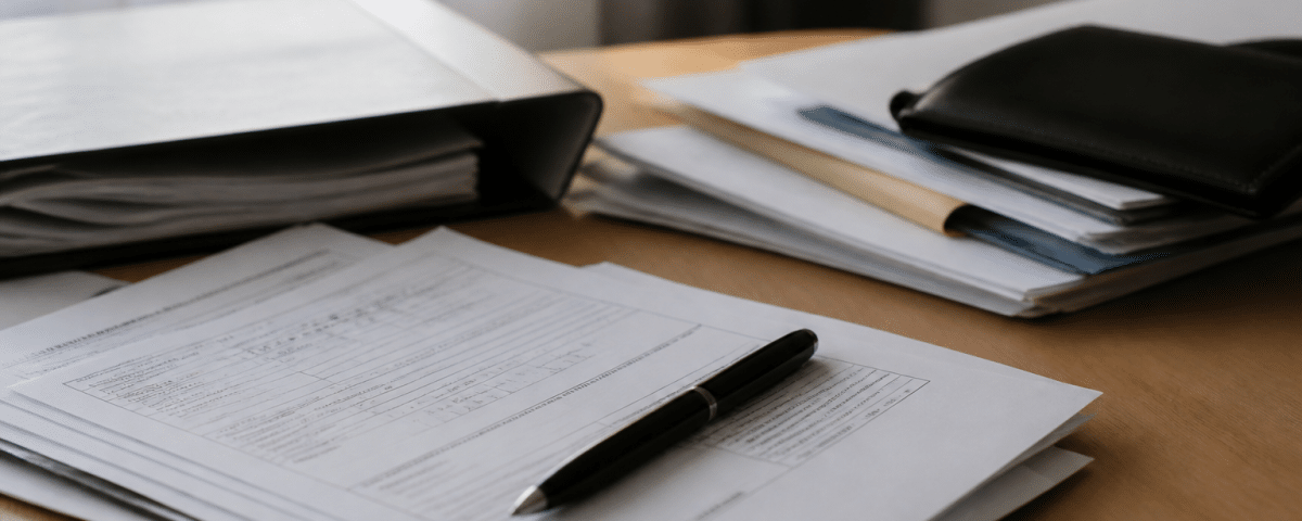 Formulaire administratif avec documents fiscaux et stylo noir.