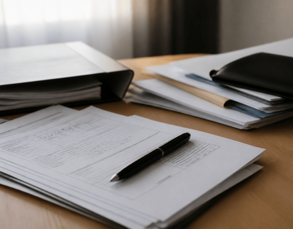Formulaire administratif avec documents fiscaux et stylo noir.