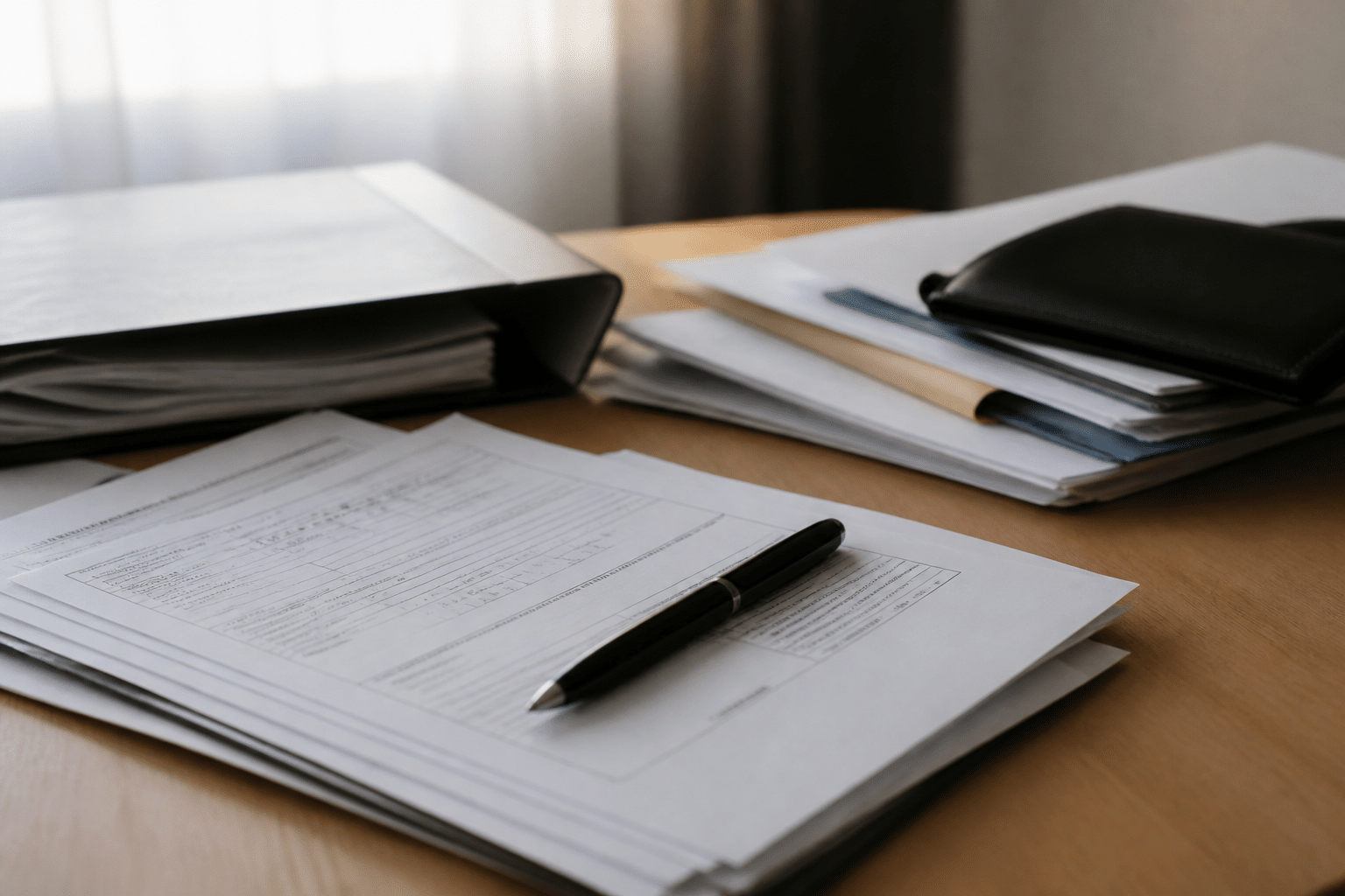 Formulaire administratif avec documents fiscaux et stylo noir.