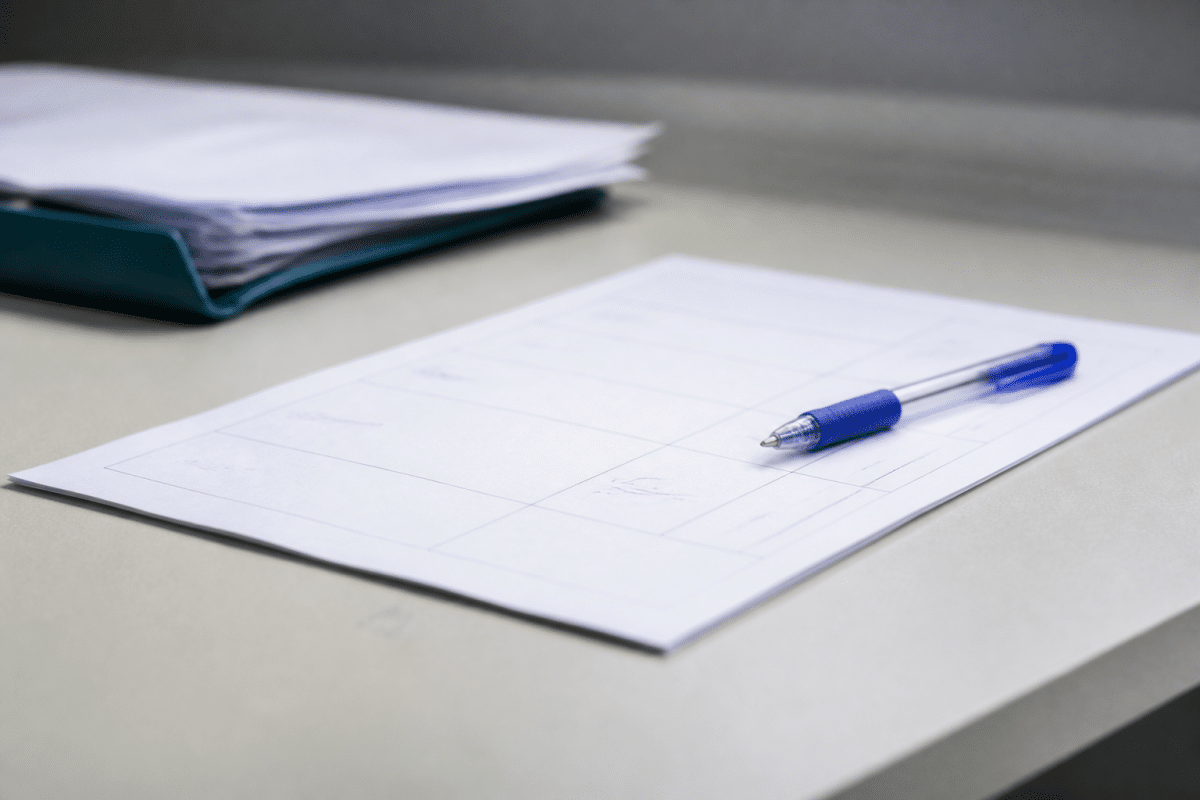 Formulaire administratif avec stylo bleu rempli partiellement