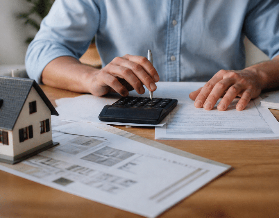 Formulaire administrative avec calculatrice et documents immobiliers