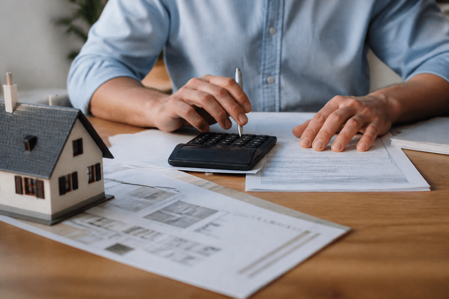 Formulaire administrative avec calculatrice et documents immobiliers