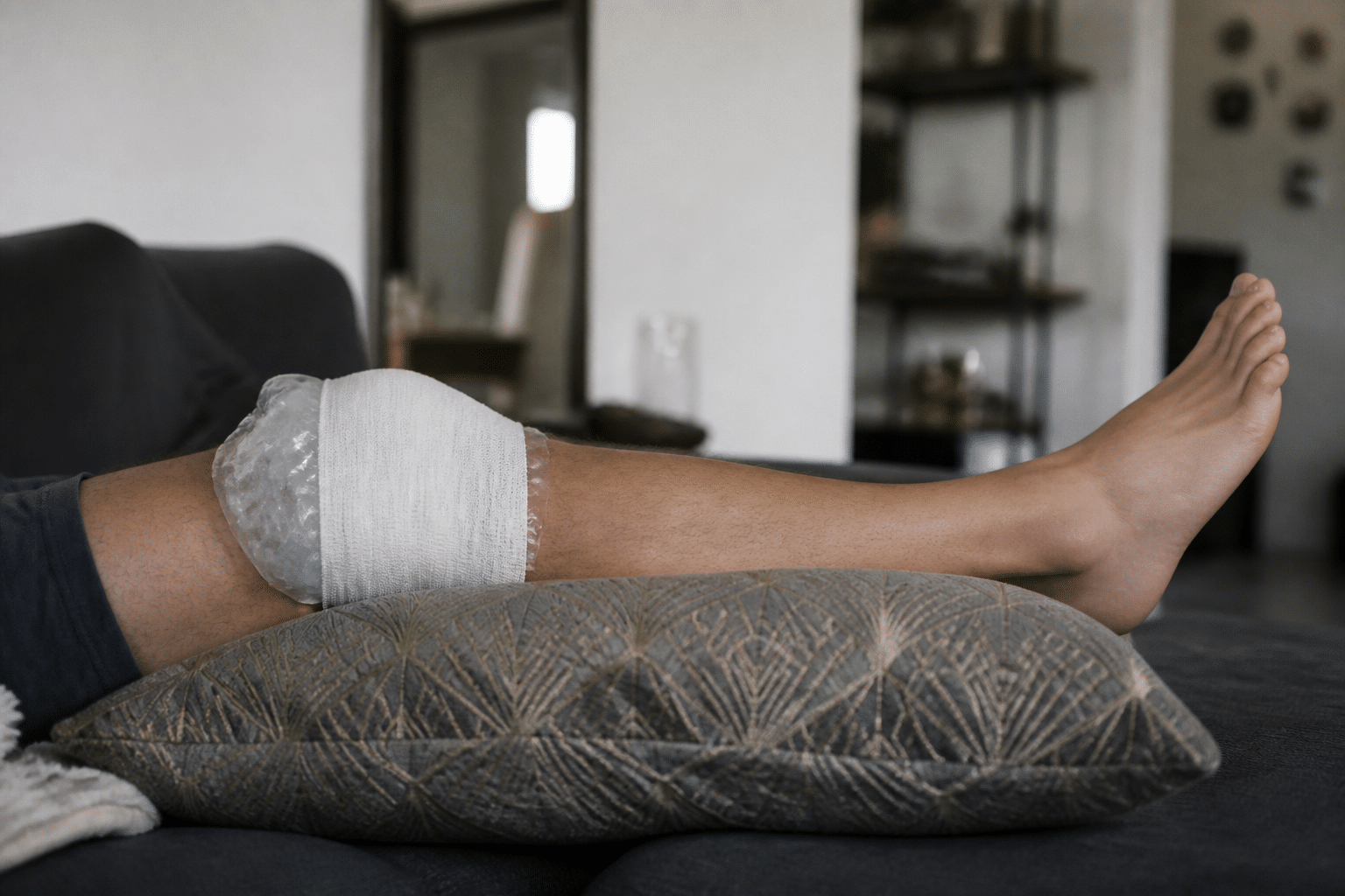 Genou bandé avec glaçon, jambe surélevée sur coussin.