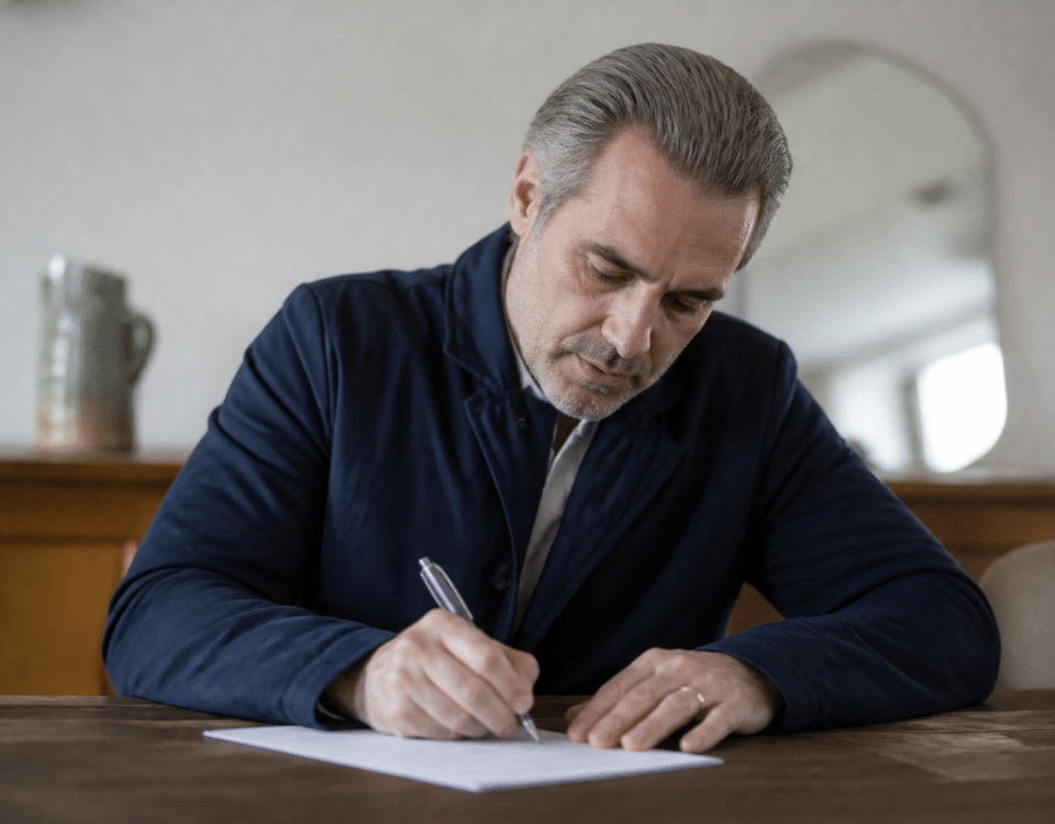 Homme d'age moyen signant un document officiel assis.