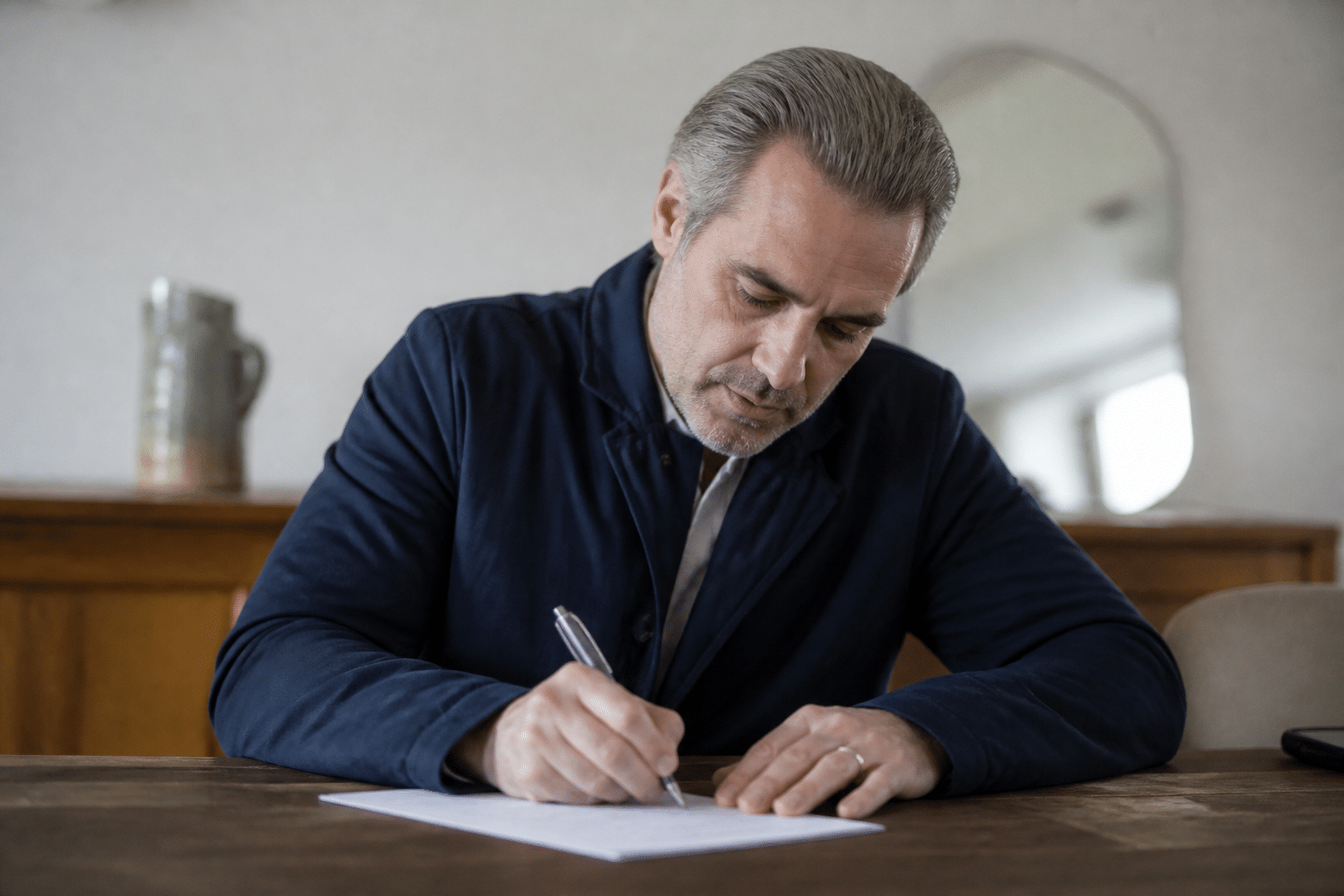 Homme d'age moyen signant un document officiel assis.