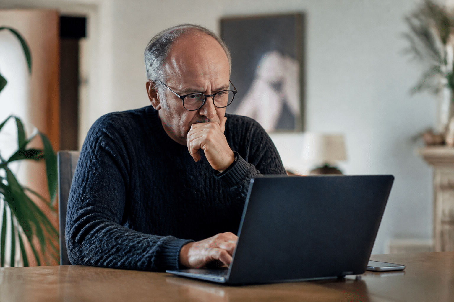 Homme age assis devant ordinateur consultant offres emploi.