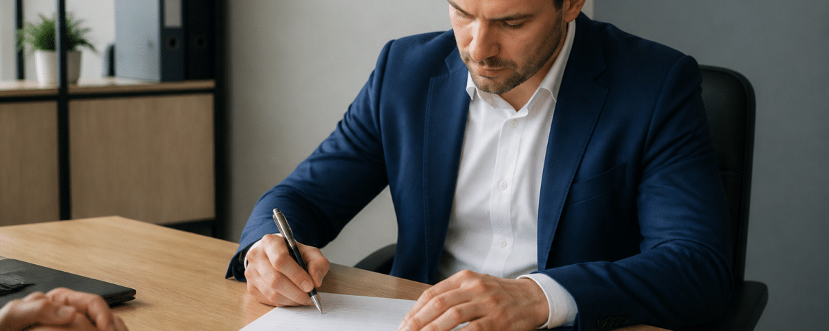 Homme assis a bureau signant documents vente entreprise