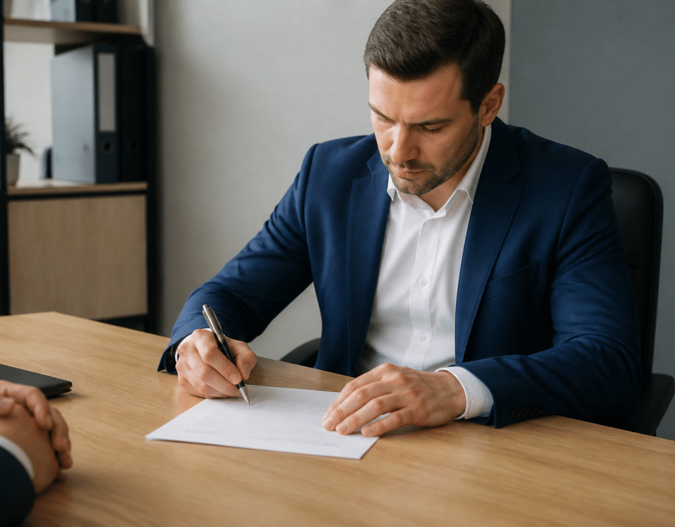 Homme assis a bureau signant documents vente entreprise