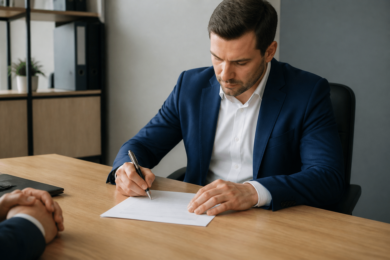 Homme assis a bureau signant documents vente entreprise