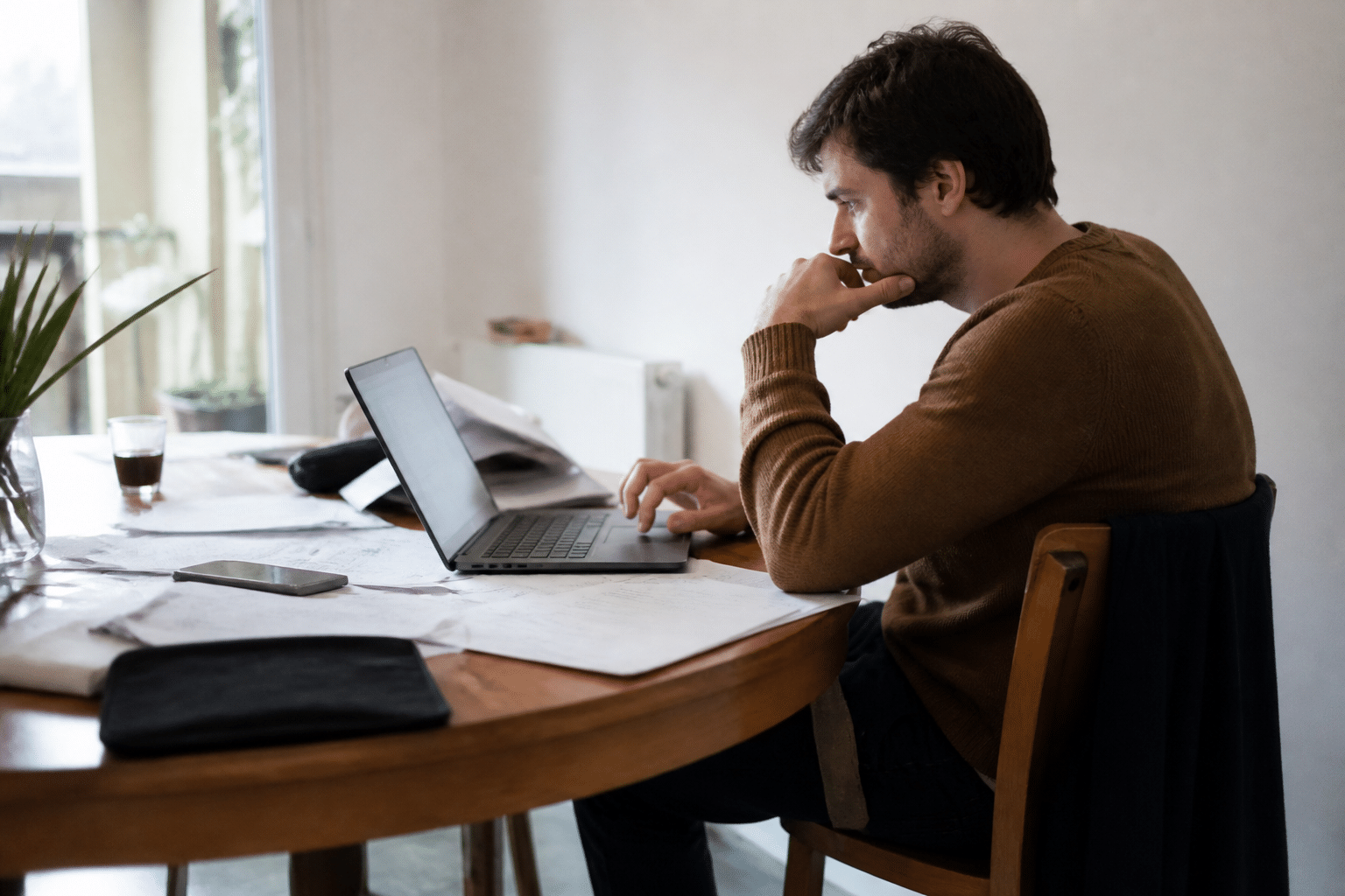 Homme assis consulte son ordinateur, documents eparpilles.