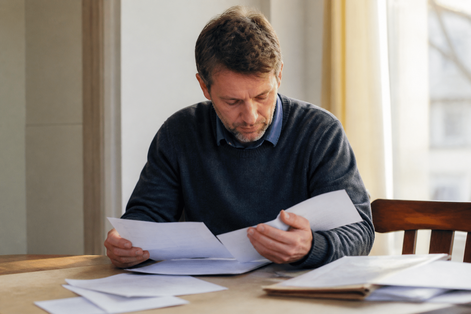Homme consultant documents administratifs sur table de travail