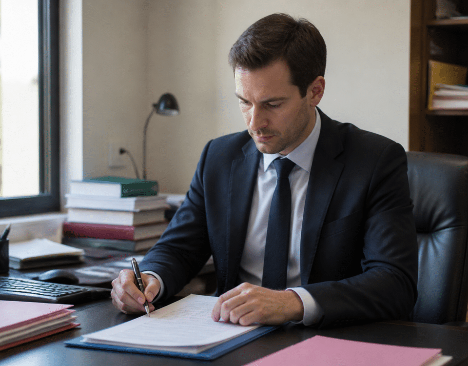 Homme en costume assis derriere bureau notarial