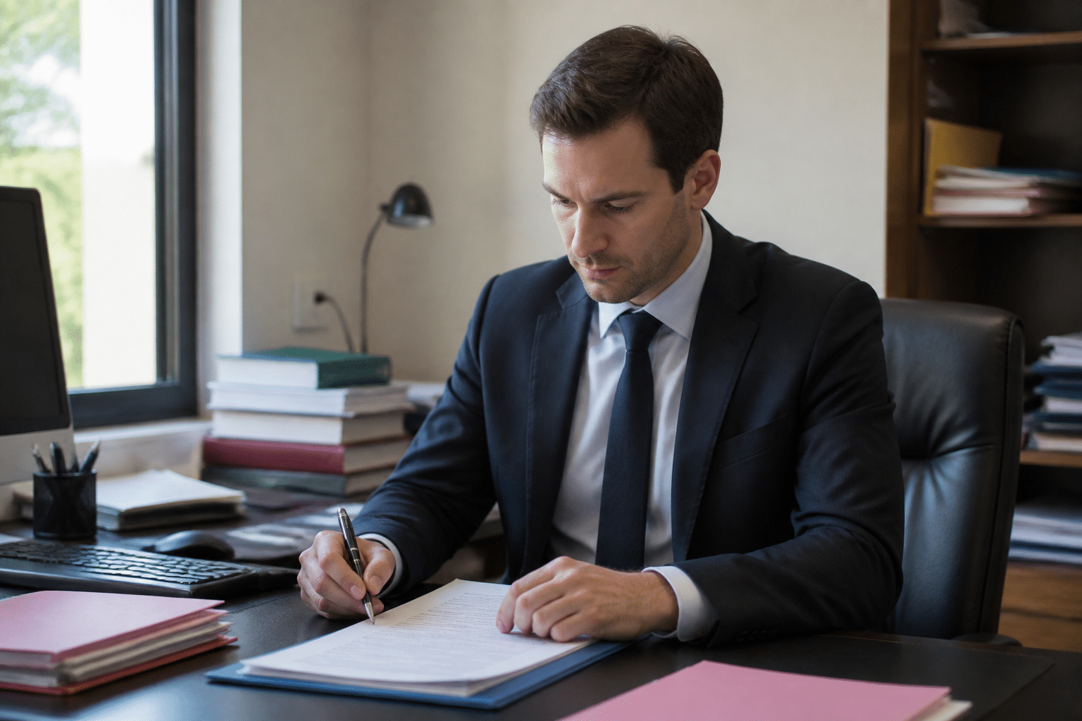 Homme en costume assis derriere bureau notarial
