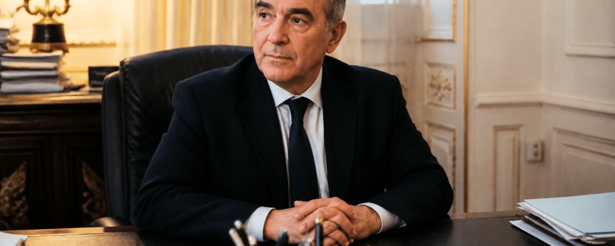 Homme en costume assis derrière bureau présidentiel