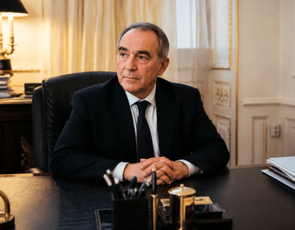 Homme en costume assis derrière bureau présidentiel