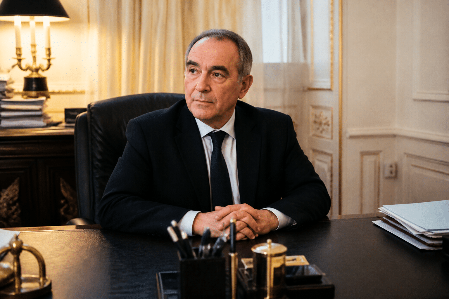 Homme en costume assis derrière bureau présidentiel