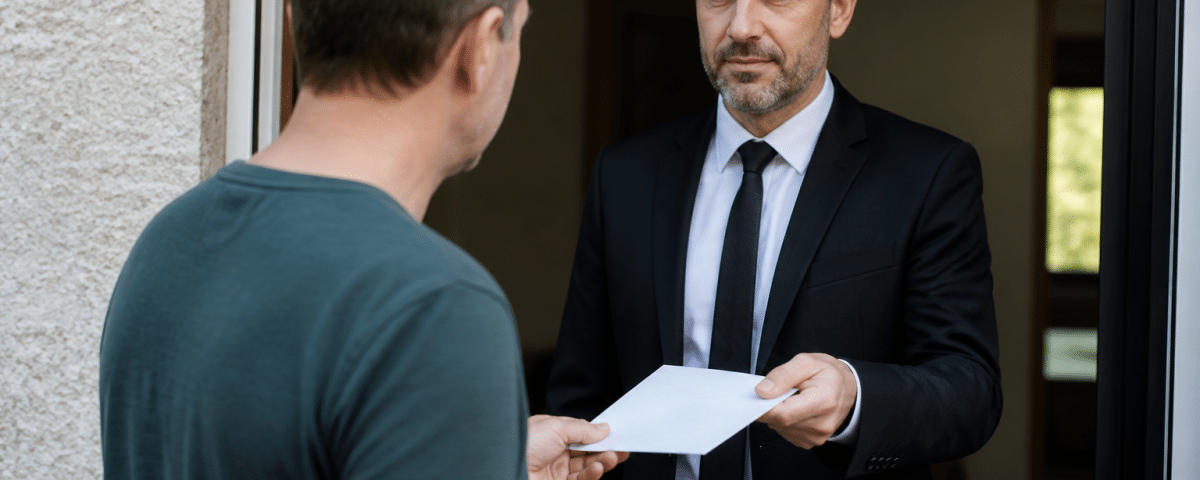 Huissier en costume remettant document officiel a client