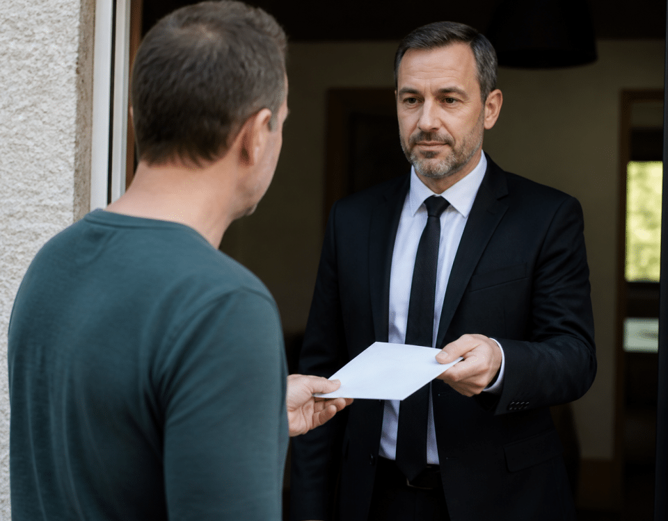 Huissier en costume remettant document officiel a client