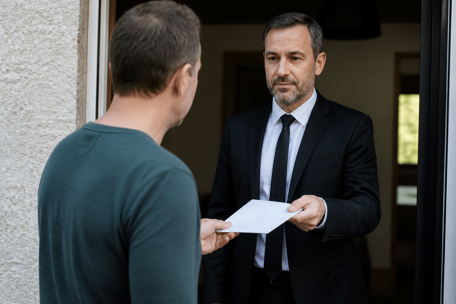Huissier en costume remettant document officiel a client