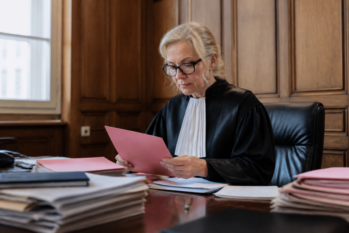 Juge et documents officiels sur bureau de tribunal moderne.