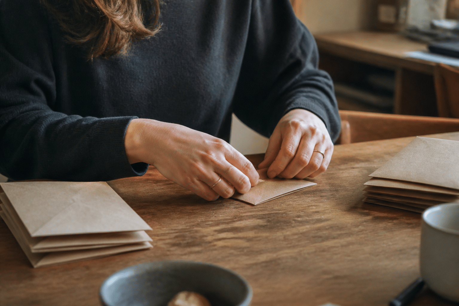 Mains pliant enveloppes brunes sur table domestique.