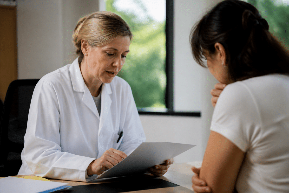 Medecin consultant patient sur documents medicaux au bureau