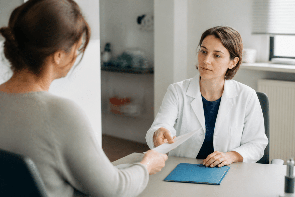 Medecin remettant document a patient en blouse blanche