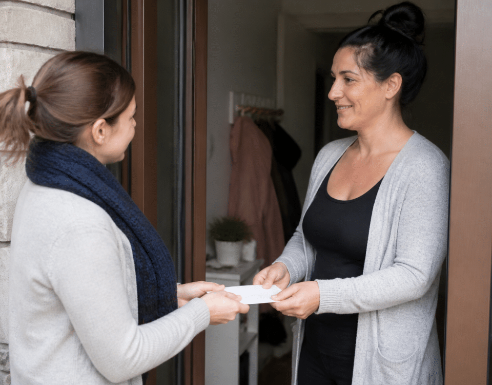 Parent remettant enveloppe argent à gardienne enfants