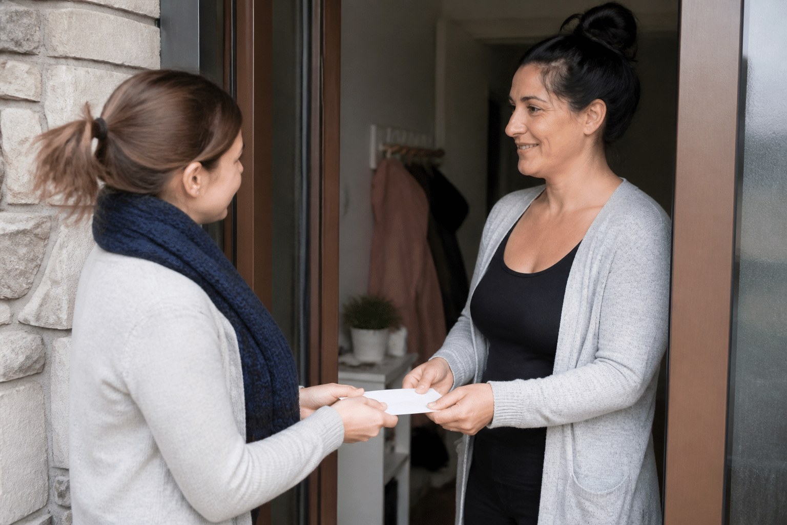 Parent remettant enveloppe argent à gardienne enfants