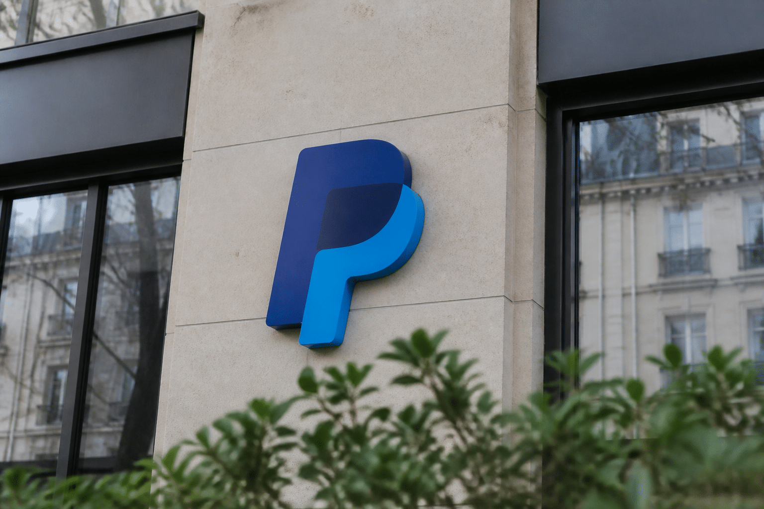 Logo PayPal affiche sur facade batiment commercial europeen.