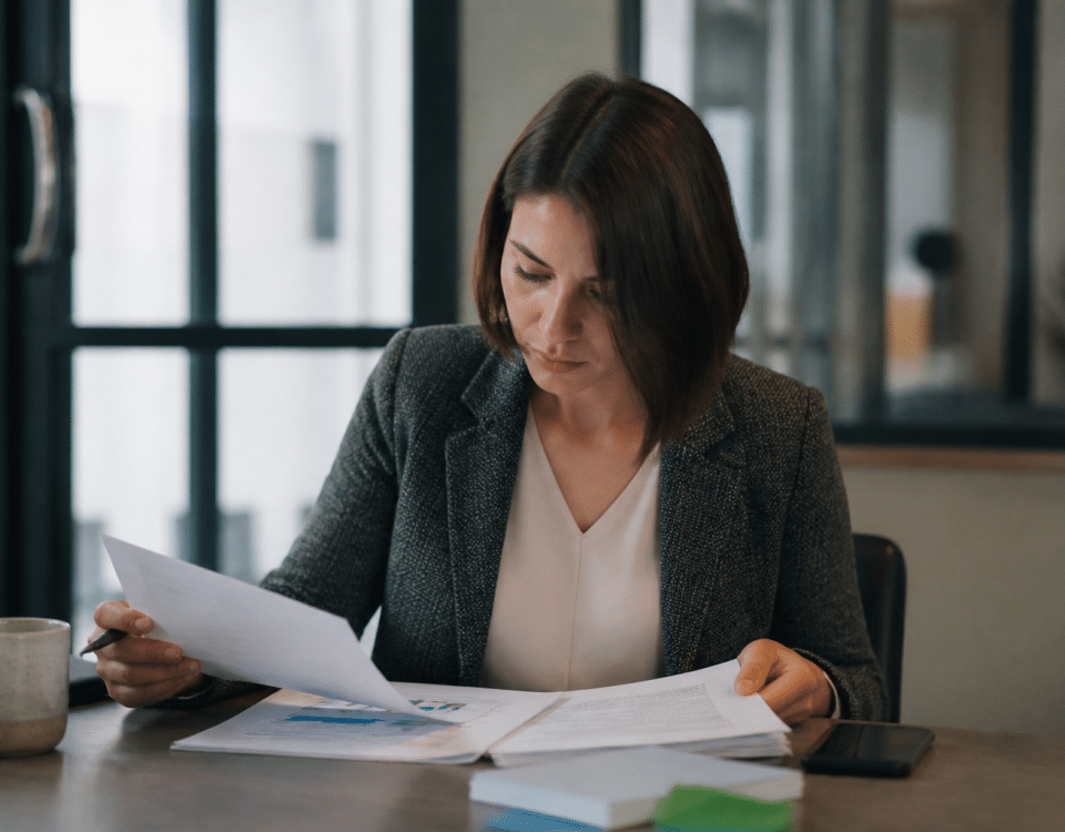 Personne assise a un bureau consultant documents financiers