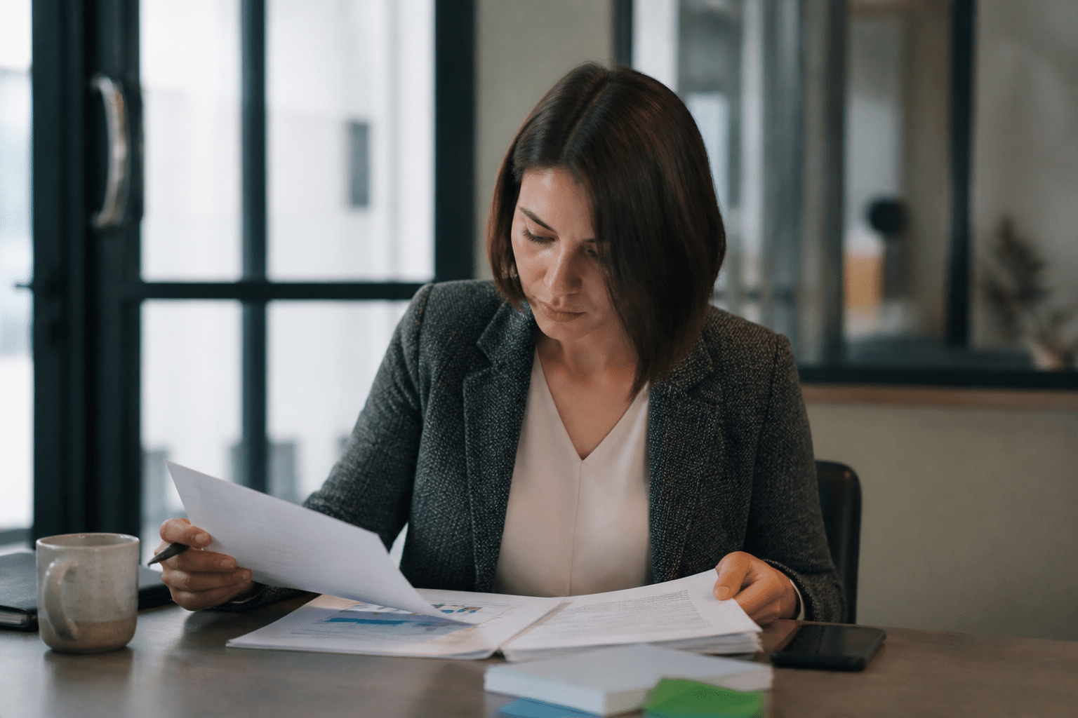 Personne assise a un bureau consultant documents financiers